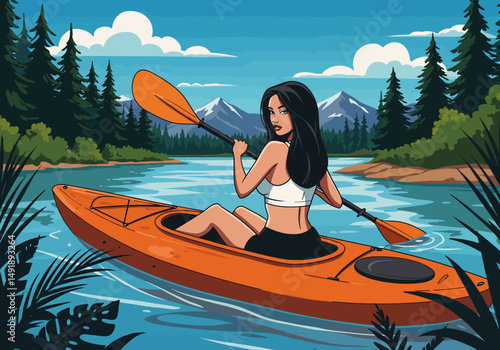 Summer healthy sports lifestyle: Cartoon illustration of a woman kayaking on a serene lake or river surrounded by mountains and forests under a bright summer sky. Active outdoor adventure