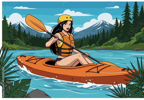 Summer healthy sports lifestyle: Cartoon illustration of a woman kayaking on a serene lake or river surrounded by mountains and forests under a bright summer sky. Active outdoor adventure