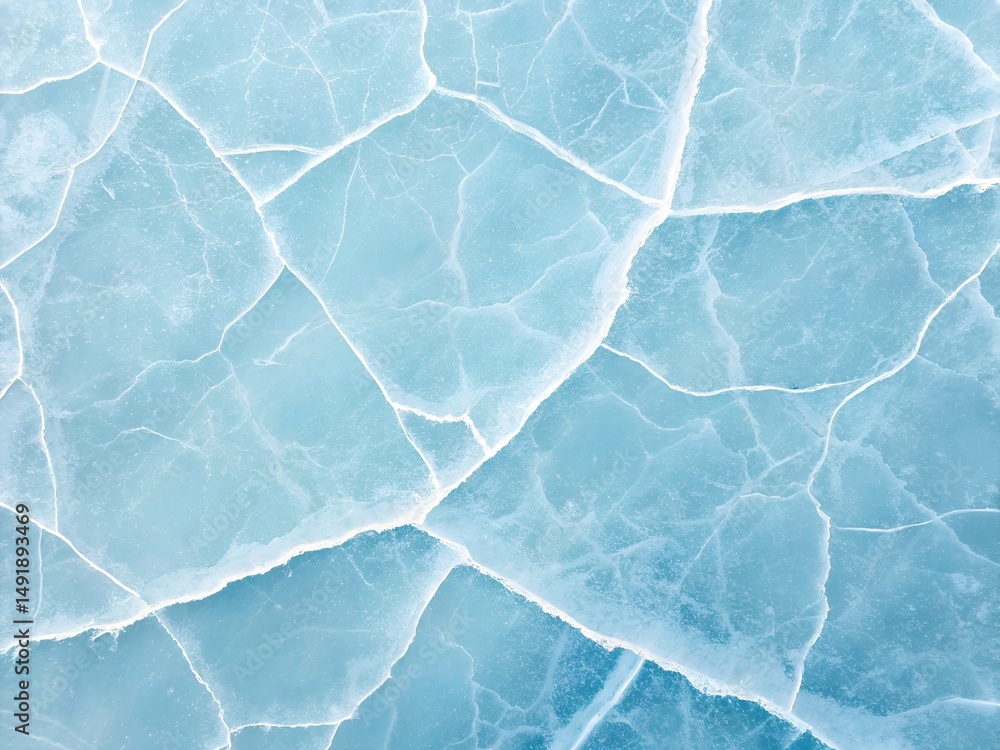 Obraz premium Light Blue and White Cracked Ice Texture Background Detailed Close-Up of Frozen Surface with Intricate Fissures and Fractures, High-Resolution Image Revealing Translucent Quality and Crystalline Struc