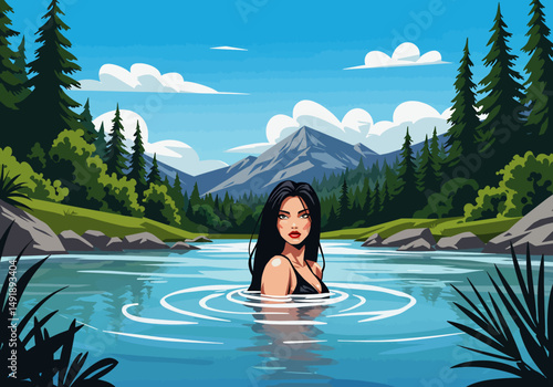 Summer healthy sports lifestyle: Cartoon illustration of a woman swimming in a pristine lake or river surrounded by mountains and forests on a sunny summer day. Active outdoor recreation