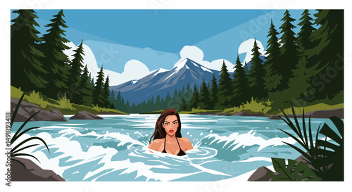 Summer healthy sports lifestyle: Cartoon illustration of a woman swimming in a pristine lake or river surrounded by mountains and forests on a sunny summer day. Active outdoor recreation
