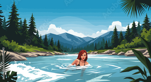 Summer healthy sports lifestyle: Cartoon illustration of a woman swimming in a pristine lake or river surrounded by mountains and forests on a sunny summer day. Active outdoor recreation