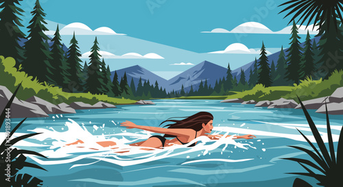 Summer healthy sports lifestyle: Cartoon illustration of a woman swimming in a pristine lake or river surrounded by mountains and forests on a sunny summer day. Active outdoor recreation