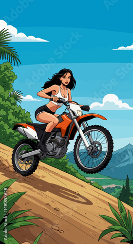 Summer healthy sports lifestyle: Cartoon illustration of a woman riding a trail motocross bike, jumping over a dirt hill with a scenic mountain backdrop. Active summer adventure