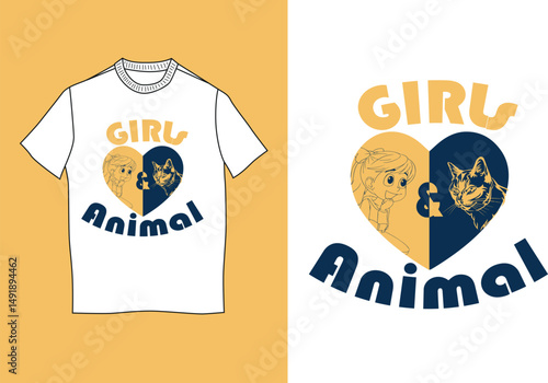 Cute "Girls & Animal" Cartoon T-Shirt – Cat Lover Graphic Tee for Kids & Women