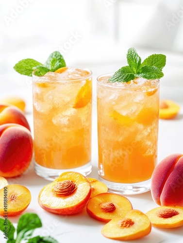 Refreshing Peach Iced Tea.  Two glasses of iced peach tea, garnished with fresh mint leaves, sit on a white surface.  Surrounding the drinks are sliced peaches photo