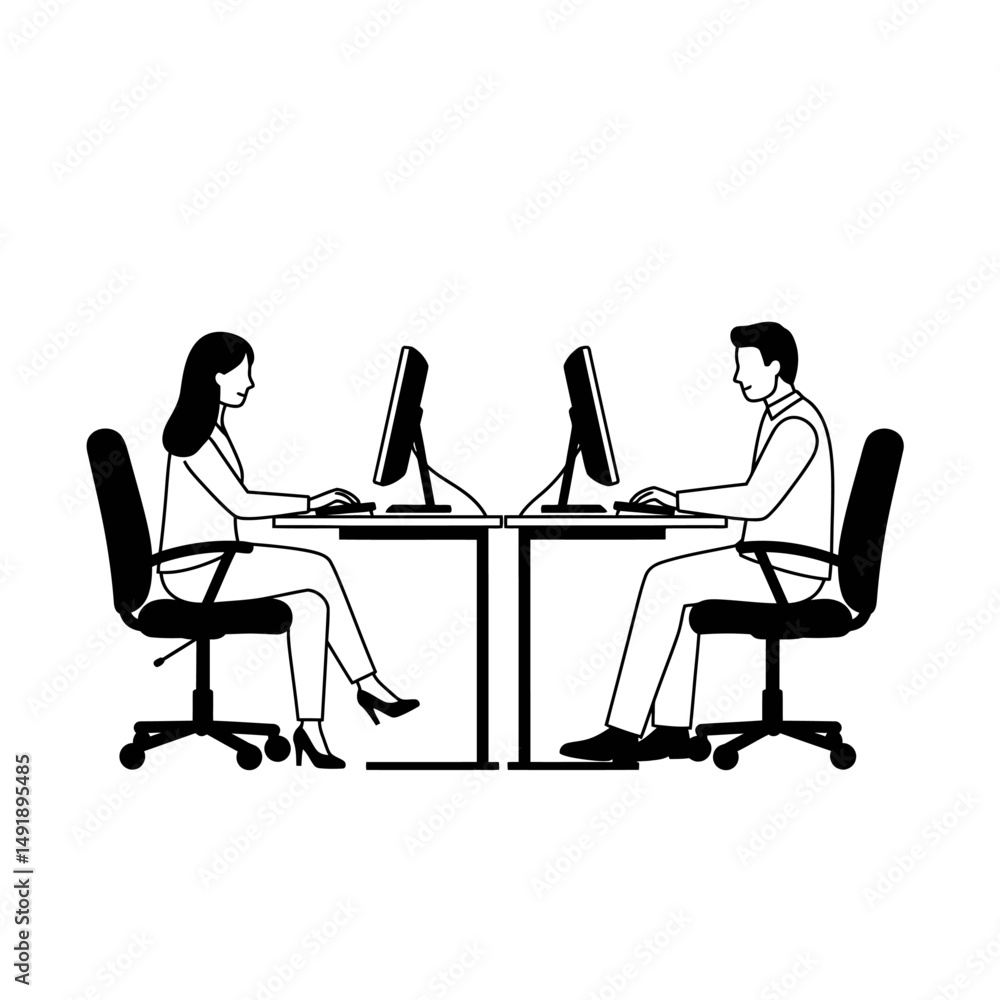 Two people working at desks with computers in a minimalist black and white line drawing style illustration Two people working at desks with computers in a minimalist black and white line drawing style illustration