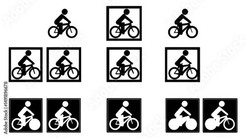 Nine simple black line drawings of people riding various types of bicycles.  The figures are stylized, basic stick figures, with no specific details beyond the action of riding a bicycle.  Different b