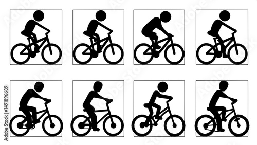Nine simple black line drawings of people riding various types of bicycles.  The figures are stylized, basic stick figures, with no specific details beyond the action of riding a bicycle.  Different b