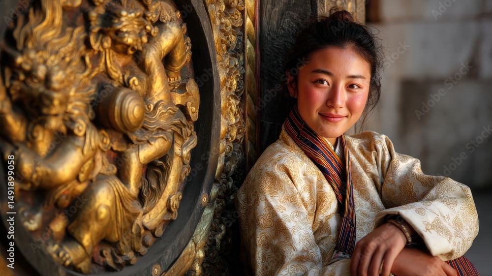 Fototapeta premium Portrait of a Young Bhutanese Woman in Kira with a Soft Smile Against an Ornate Golden Background
