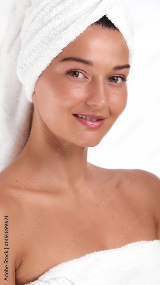 Beautiful Woman In Spa Towel Smiling With Healthy Glowing Skin In Studio Beautiful Woman In Spa Towel Smiling With Healthy Glowing Skin In Studio