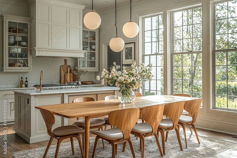 Fototapeta premium Mid-century modern dining room with light wood table and chairs, white walls, wall sconce over kitchen island, vase of flowers on sideboard, soft yellow accents, and stylish interior design