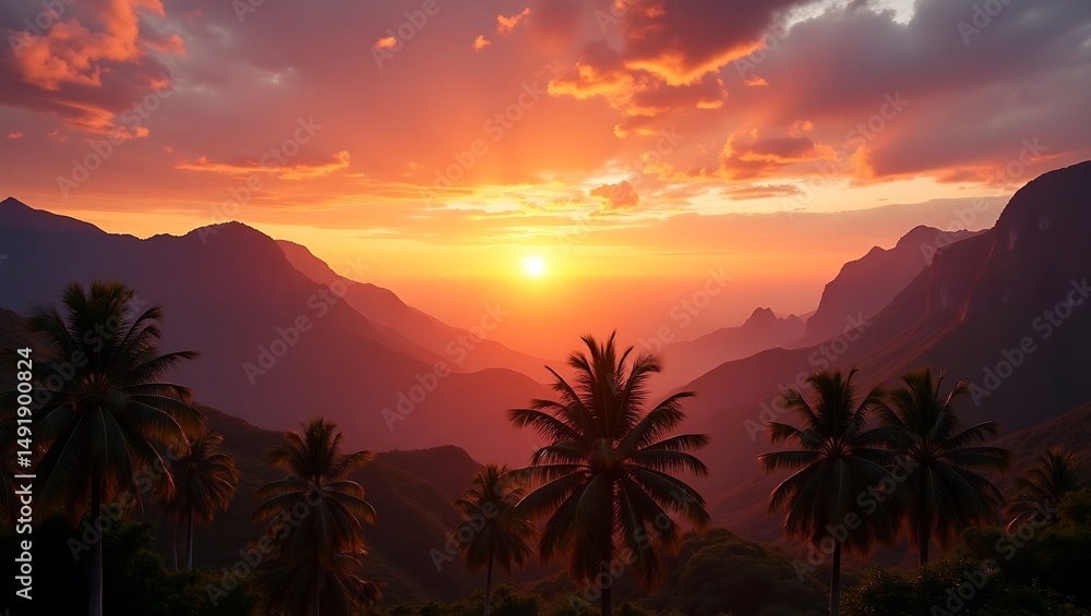 Obraz premium Golden Sunset Over Tropical Mountains