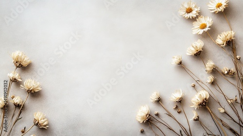 Light beige background with dried flowers in corners.