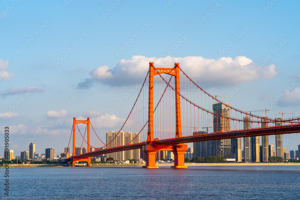 Naklejka premium Aerial view of Wuhan city .Panoramic skyline and buildings beside yangtze river.