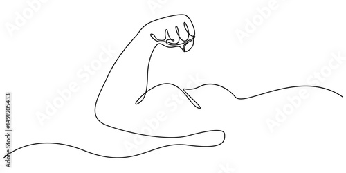 Arm shows bicep fist. Continuous one line vector, shows bicep continuous one line vector drawing, Man shows bicep fist hand continuous line drawing. Fitness and gym concept. minimal style.