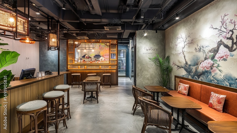 Obraz premium Stylish, modern Asian-inspired bar/restaurant interior