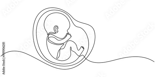 Baby embryo in womb one line drawing. Cute unborn fetus baby on mother womb isolated on white background, Baby embryo in womb in one continuous line drawing. Healthy pregnancy and premature symbol.