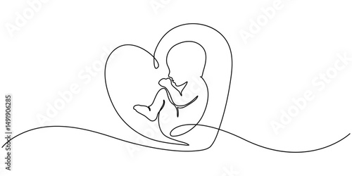 Baby embryo in womb one line drawing. Cute unborn fetus baby on mother womb isolated on white background, Baby embryo in womb in one continuous line drawing. Healthy pregnancy and premature symbol.