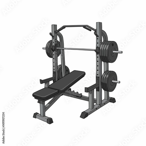 Illustrated weight rack with bar and plates, ready for a workout session