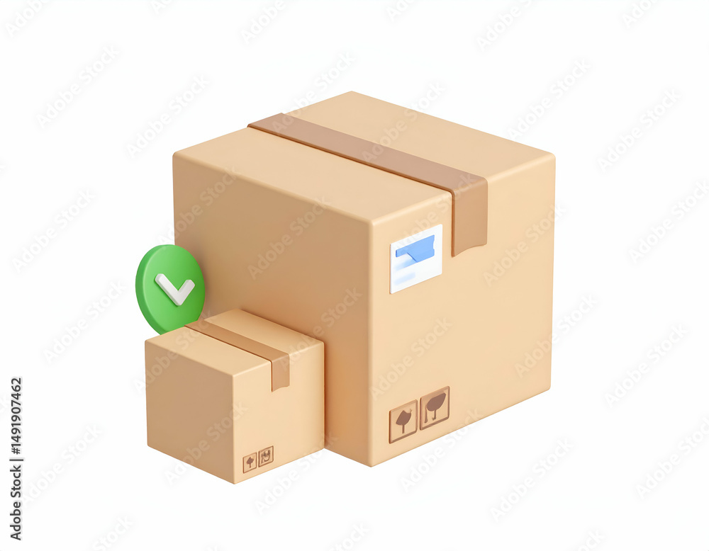 Two cardboard boxes, one atop the other, with a green checkmark indicating successful delivery Two cardboard boxes, one atop the other, with a green checkmark indicating successful delivery