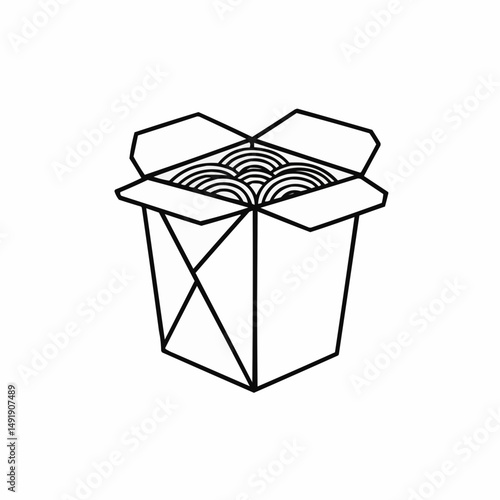 Takeout box filled with noodles, depicted in a simple, minimalist, line-art style