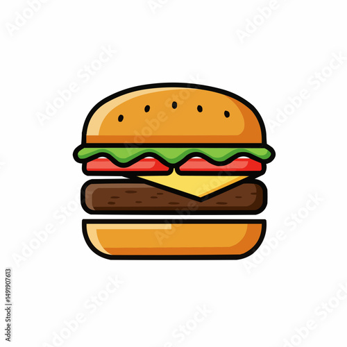 Simple cartoon illustration of hamburger with bun, lettuce, and tomato