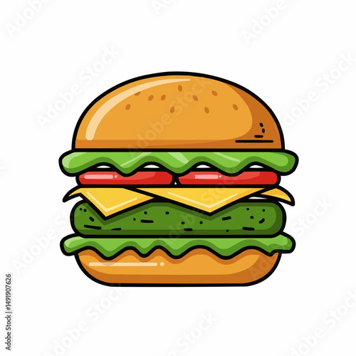 Cartoon burger with lettuce and tomato, isolated on a white background