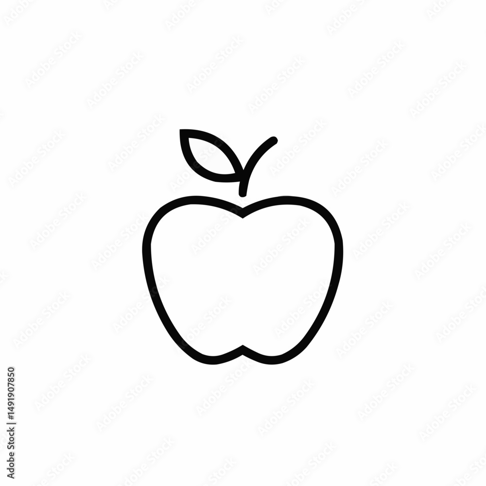 Simple black outline of a crisp fruit with a leaf on a white background Simple black outline of a crisp fruit with a leaf on a white background