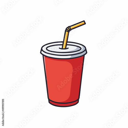 Cartoon depiction of a red drink with a straw in a white lid against a white background