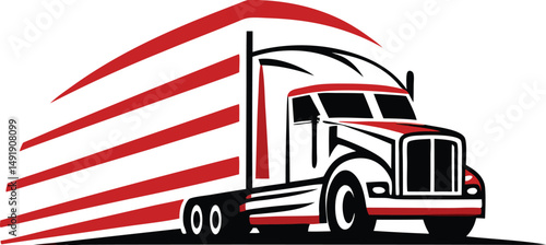 Truck service logo vector with bold red and black semi truck silhouette and minimalist transportation branding