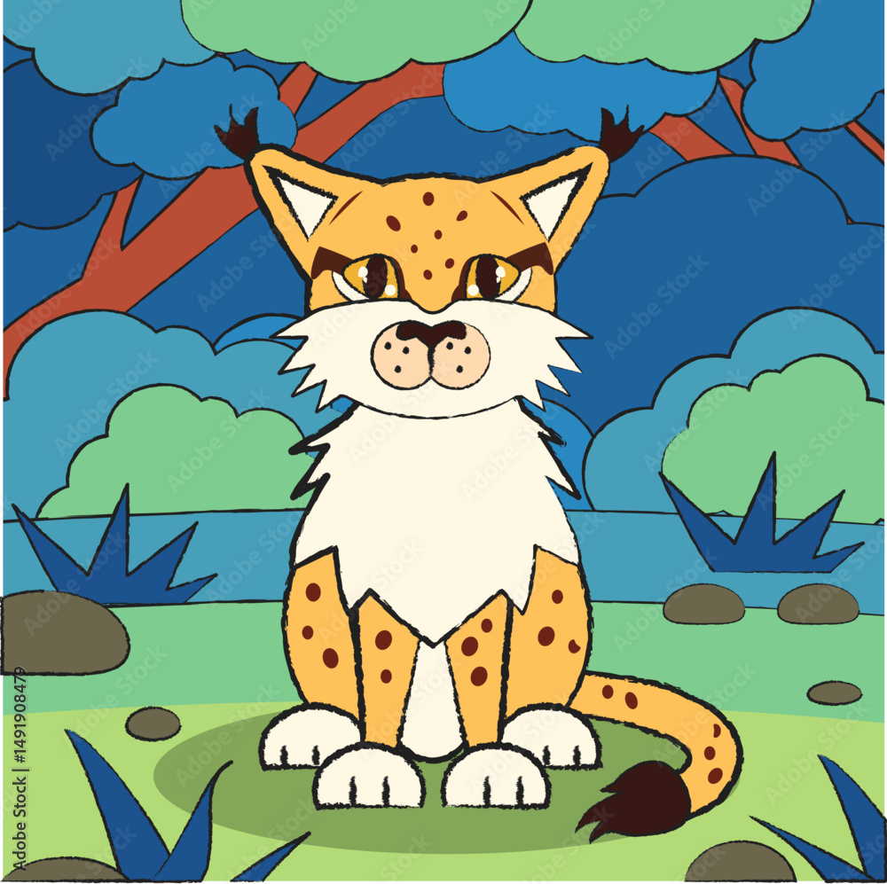 Naklejka premium Vector cartoon image of a lynx in the style of a children's drawing. A simple drawing, a kind animal character. 