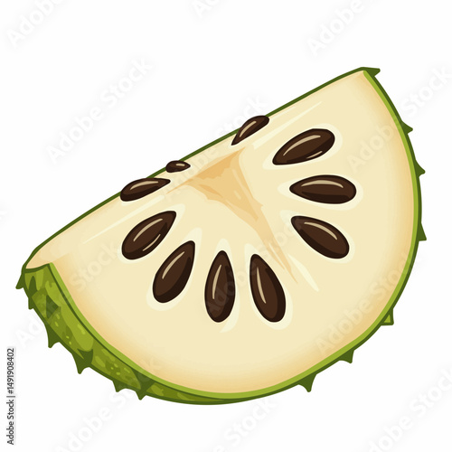 Slice of custard apple with dark brown seeds and pale yellow pulp with hints of light brown