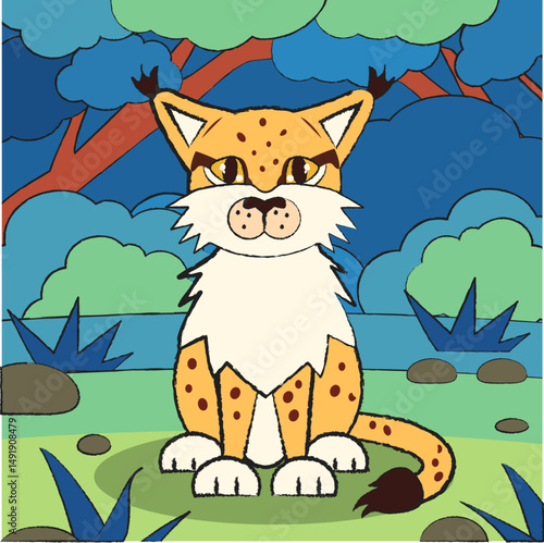 Vector cartoon image of a lynx in the style of a children's drawing. A simple drawing, a kind animal character.

