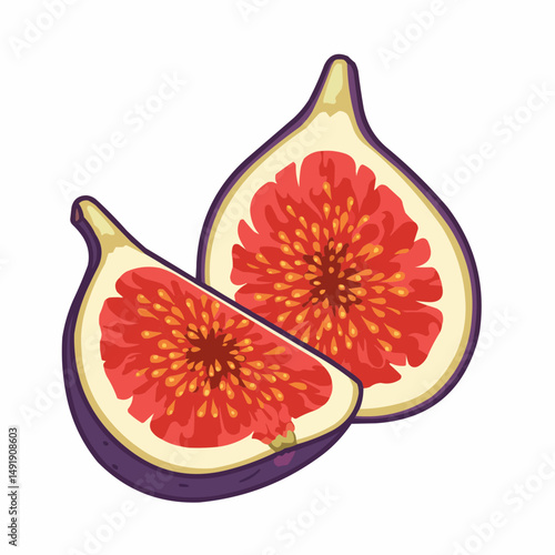 Sliced fig reveals its vibrant red interior with orange seeds on a white background