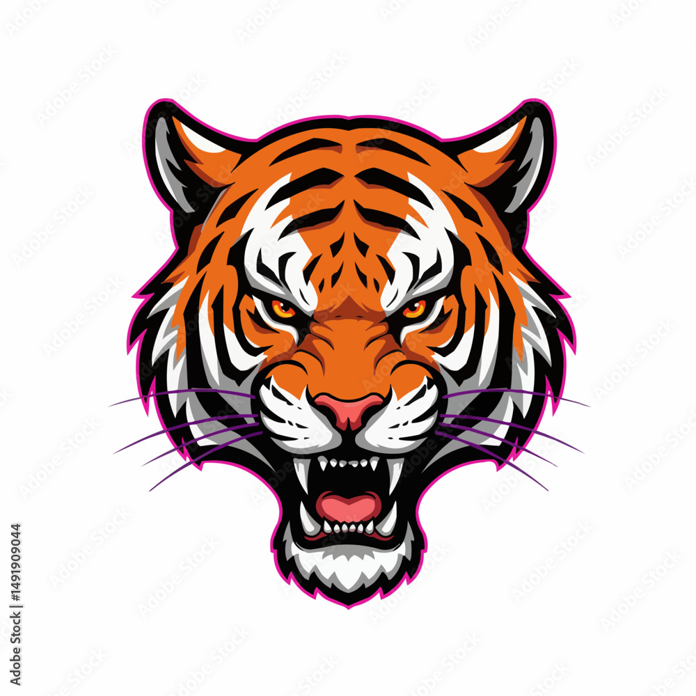 Vivid illustration a bold, striped tiger face peers out with intense orange eyes Vivid illustration a bold, striped tiger face peers out with intense orange eyes