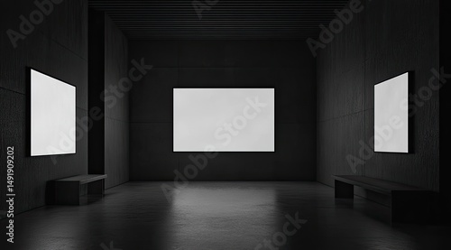 Wallpaper Mural Dark gallery interior with blank canvases Torontodigital.ca