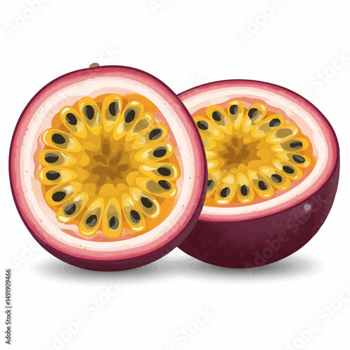 Two passion fruit halves showing pulpy flesh and black seeds against a plain backdrop