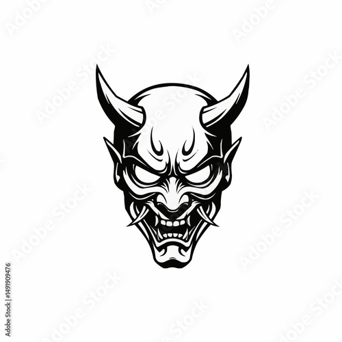 Stylized monochrome illustration of a devilish mask, set against a white background