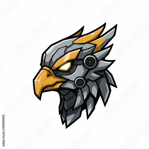 Stylized robotic bird of prey with sharp, metallic feathers and glowing eyes. Intense!