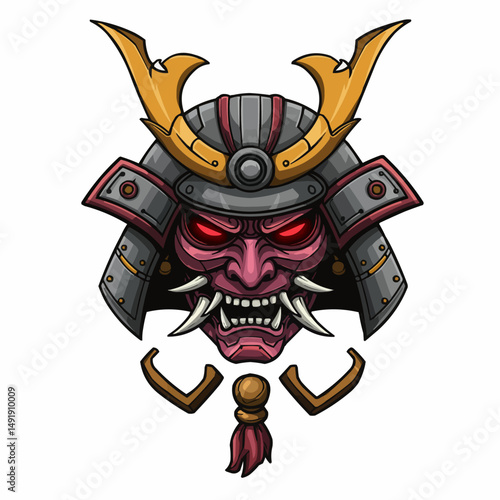 Vector half-frame of a samurai face with helmet, red eyes, and pink mask detail