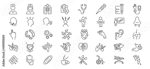 Health and Disease Line Icons Set. Illness, sickness, organs, virus. Designed for educational, healthcare, and medical related materials. Editable stroke. Vector illustration.