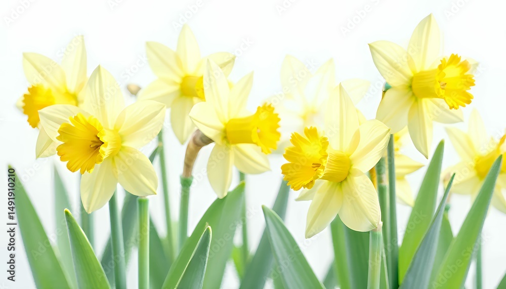 Fototapeta premium Cheerful display of Daffodils with luminous yellow petals against a bright, airy background.