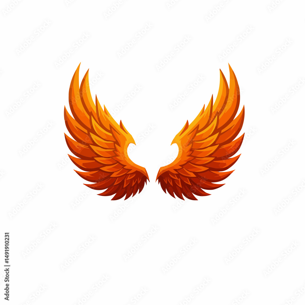 Fototapeta premium Dynamic orange feathered wings symmetrically poised against a pristine white background