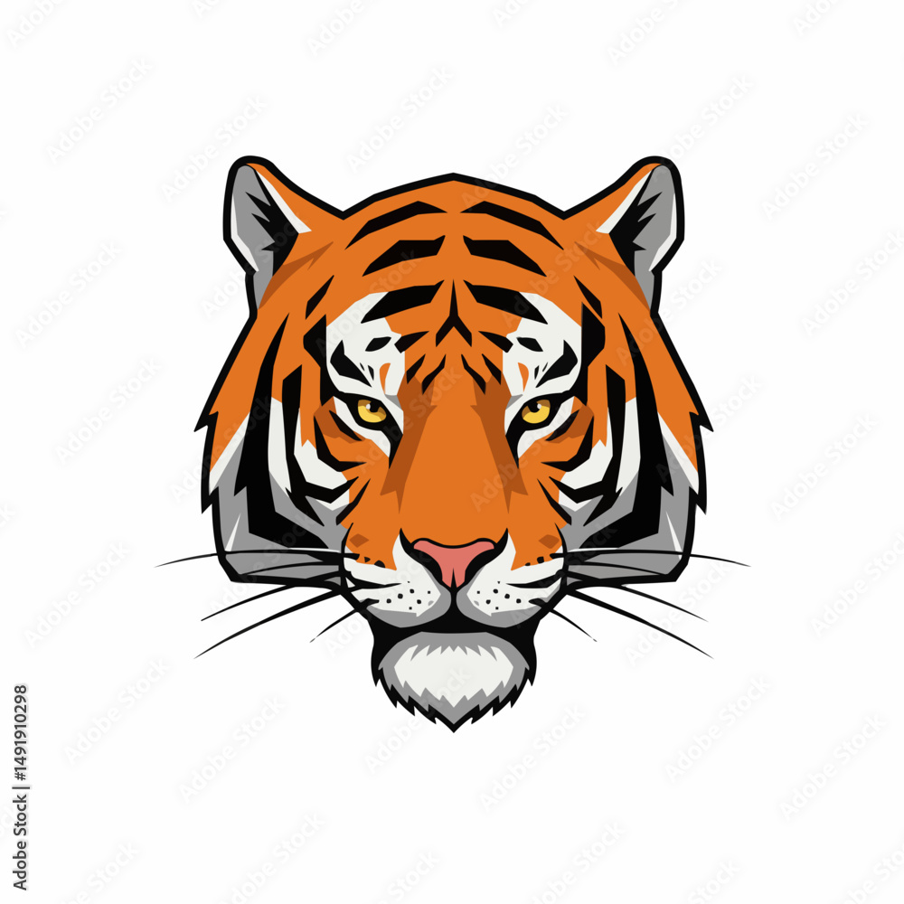 Illustration of a tiger's head showing its orange and black stripes with yellow eyes Illustration of a tiger's head showing its orange and black stripes with yellow eyes