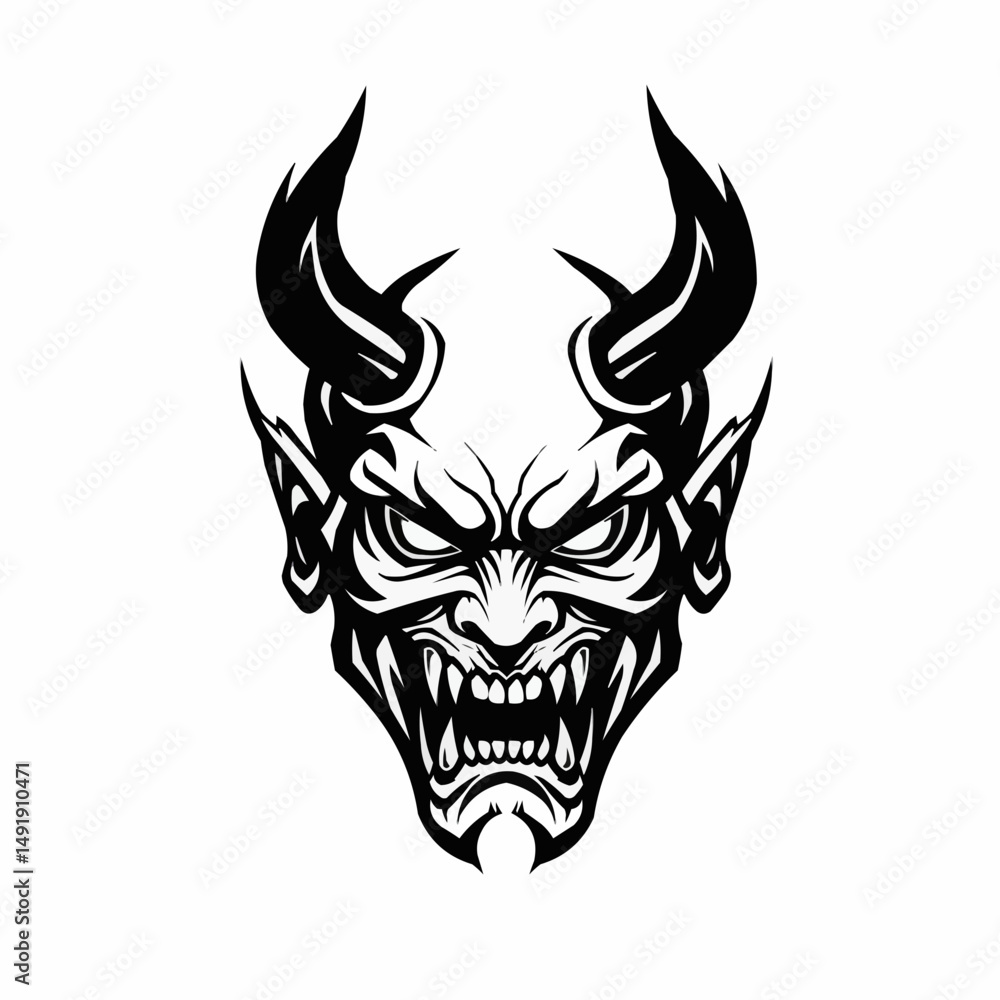 Intricate black design with a central focus on curved horns over a white background Intricate black design with a central focus on curved horns over a white background