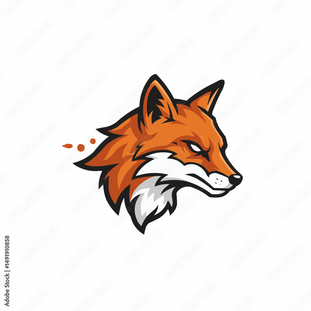 Orange and black fox head graphic with pointed ears and an intense gaze on white Orange and black fox head graphic with pointed ears and an intense gaze on white