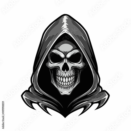 Grim reaper drawing in gray colors. Hooded skull face with dark eye sockets