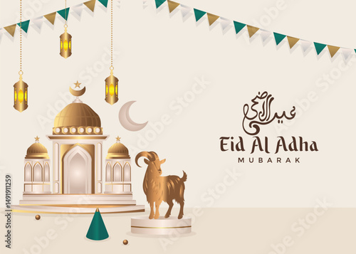 Eid Al Adha Banner Design Vector Illustration. Islamic and Arabic Background for Muslim Community Festival. Moslem Holiday. 3D Modern Islamic  suitable for Ramadan, Raya Hari, Eid al Adha and Mawlid.