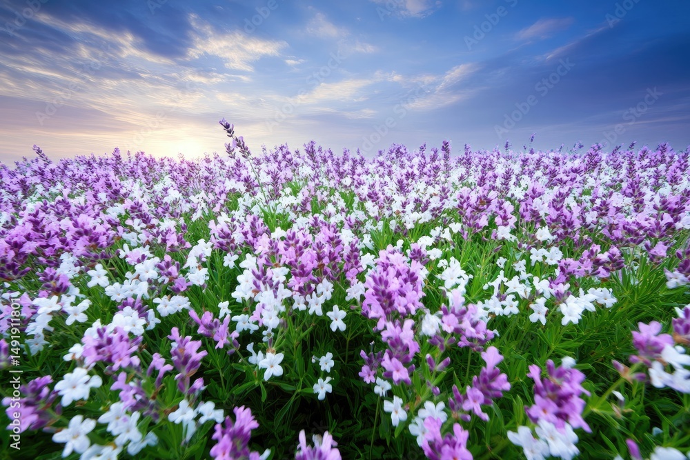 A vibrant field of lavender and wildflowers at sunrise A vibrant field of lavender and wildflowers at sunrise